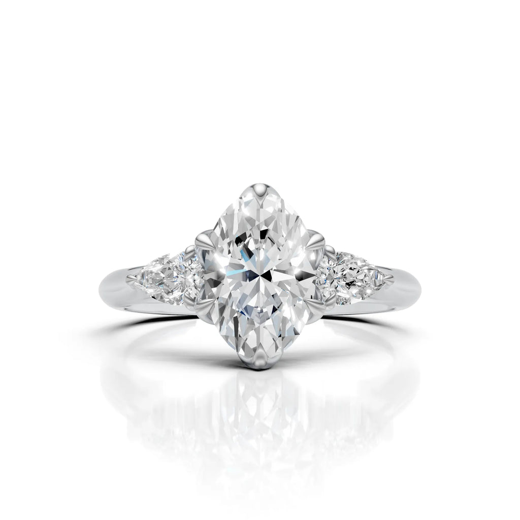 Oval Cut Diamond Three Stone Engagement Ring with Pear Side Diamonds