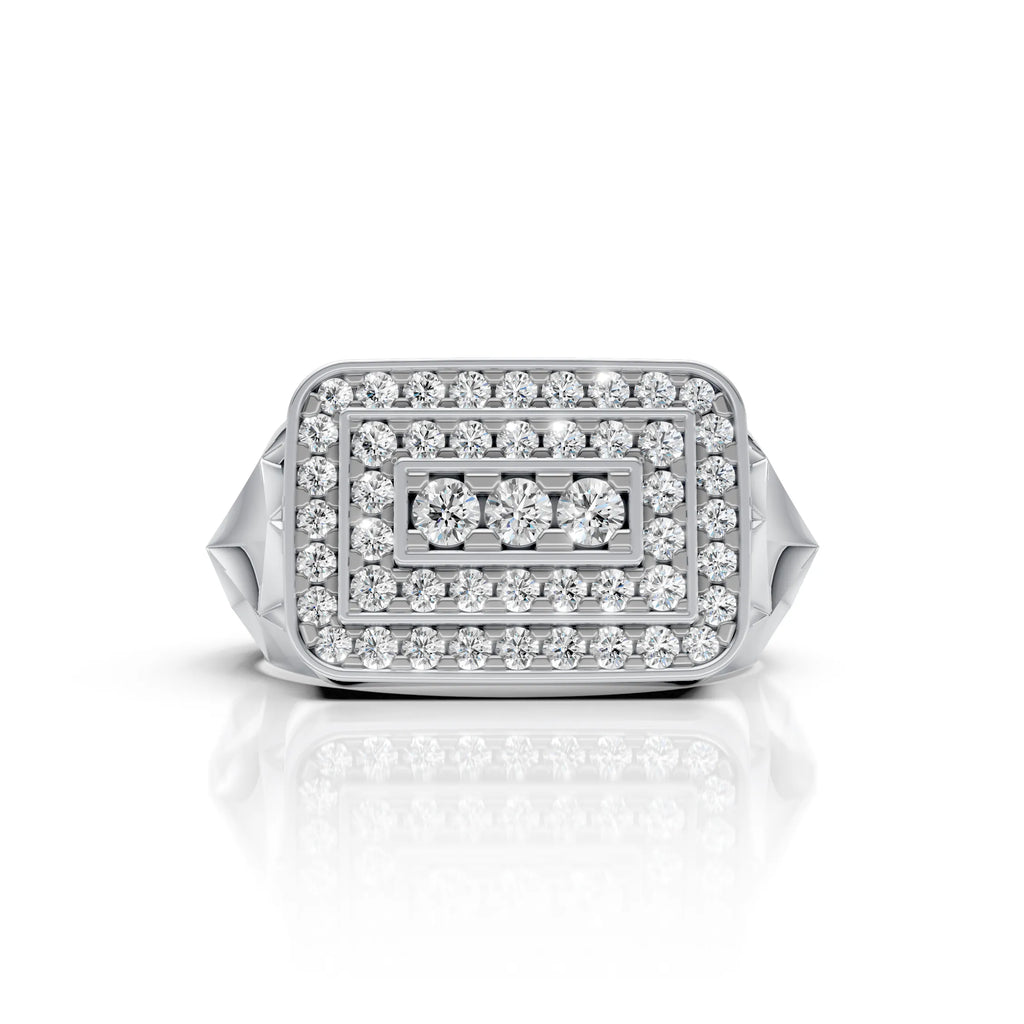 Men's Rectangular Triple-Frame Pave Ring with Three Stone Centre & Faceted Shank