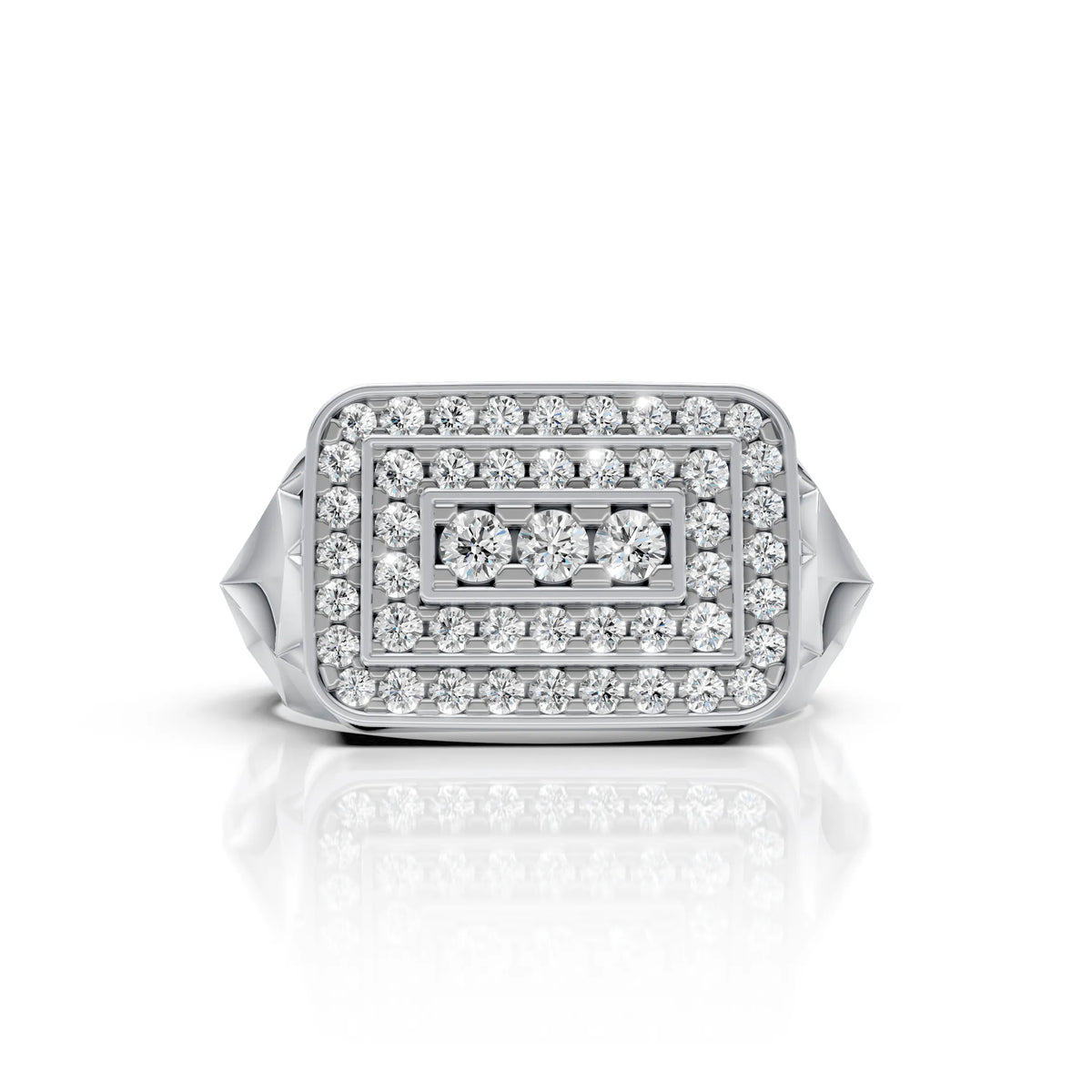 Men's Rectangular Triple-Frame Pave Ring with Three Stone Centre & Faceted Shank