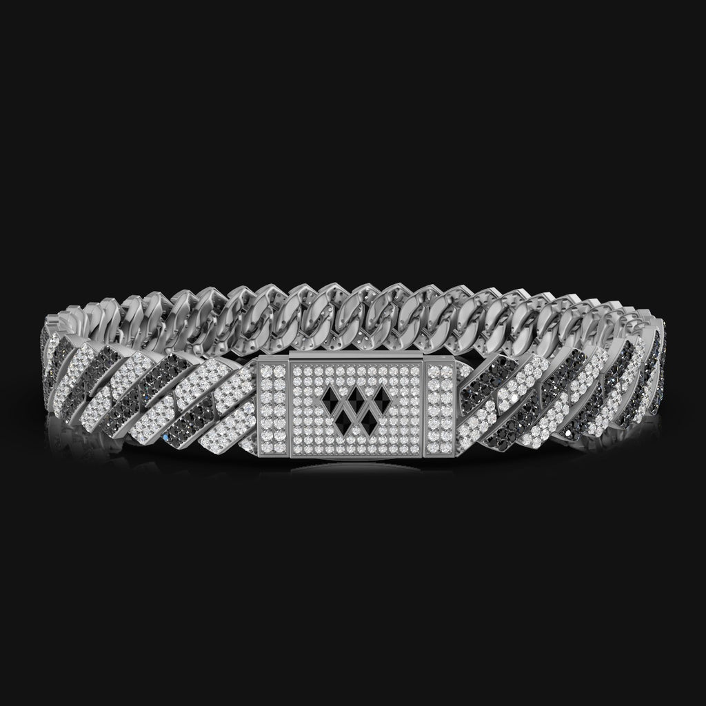 10MM Iced Black & White Cuban Bracelet in 925 Silver with Moissanite Diamond