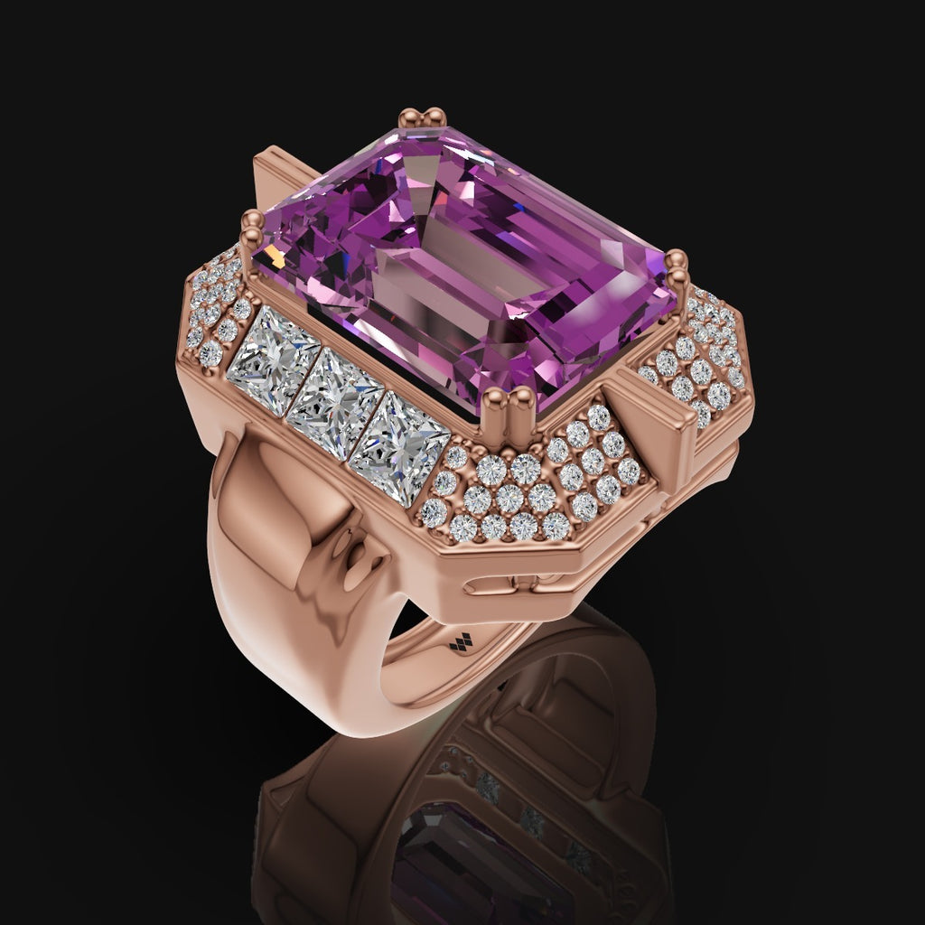 Regal Emerald-Cut Purple Stone Ring in 925 Sterling Silver with Moissanite Halo