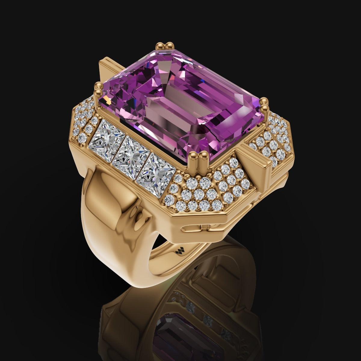 Regal Emerald-Cut Purple Stone Ring in 925 Sterling Silver with Moissanite Halo