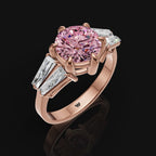 925 Silver Pink Moissanite Solitaire Ring with Baguette Side Stones