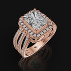 925 Silver Radiant-Cut Moissanite Halo Ring with Triple Band Design