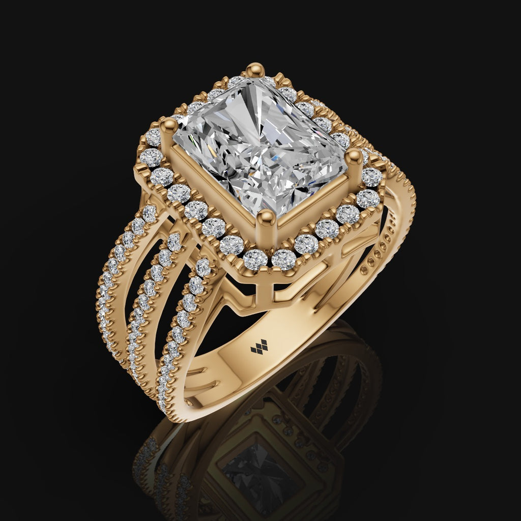 925 Silver Radiant-Cut Moissanite Halo Ring with Triple Band Design