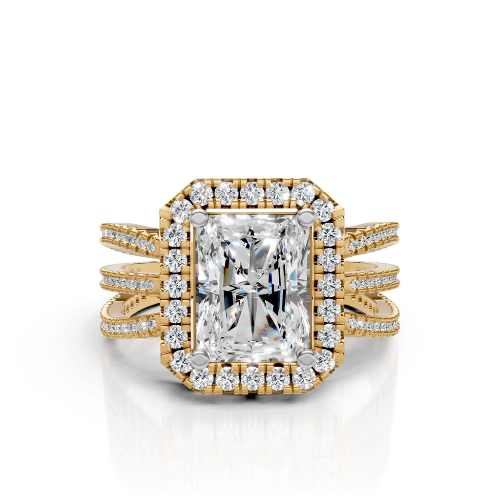Radiant-Cut Halo Ring with Triple Band Design