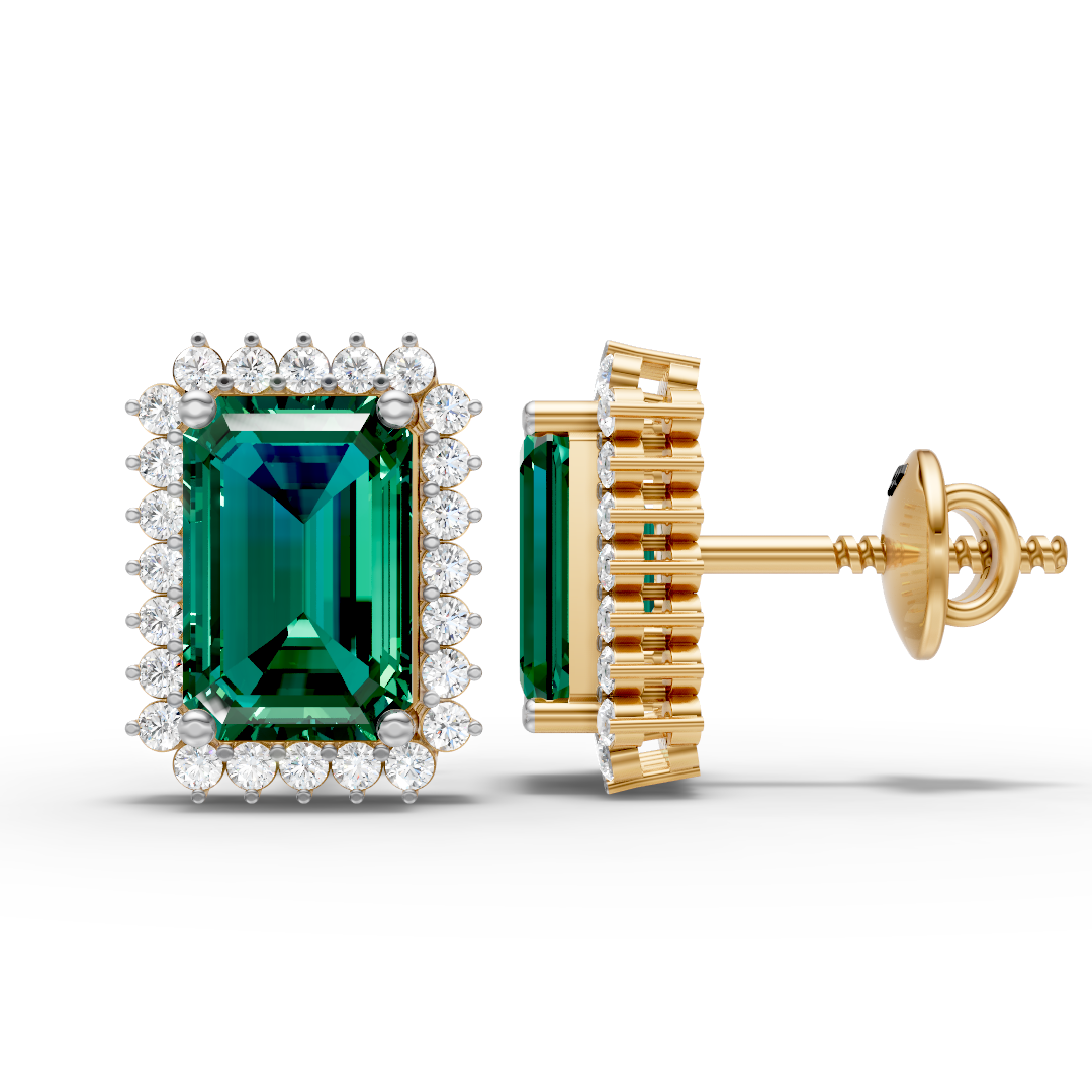Emerald Cut Green Halo Earring  (1 Pair)