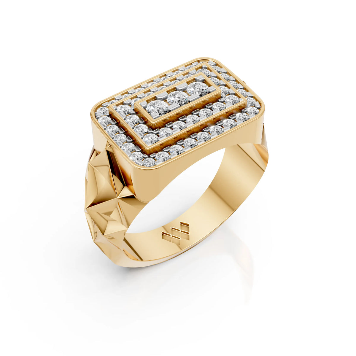 Men's Rectangular Triple-Frame Pave Ring with Three Stone Centre & Faceted Shank