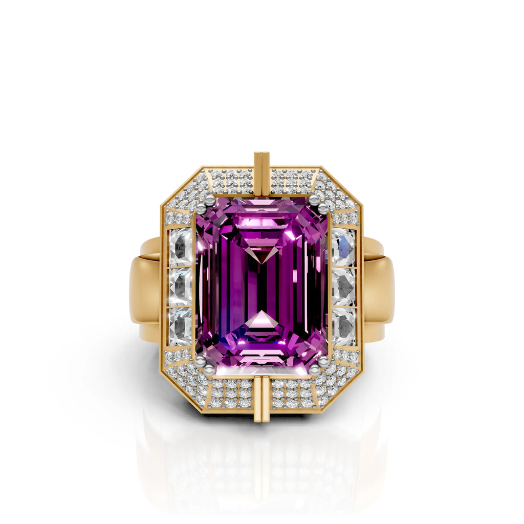 Regal Emerald-Cut Purple Stone Halo Ring