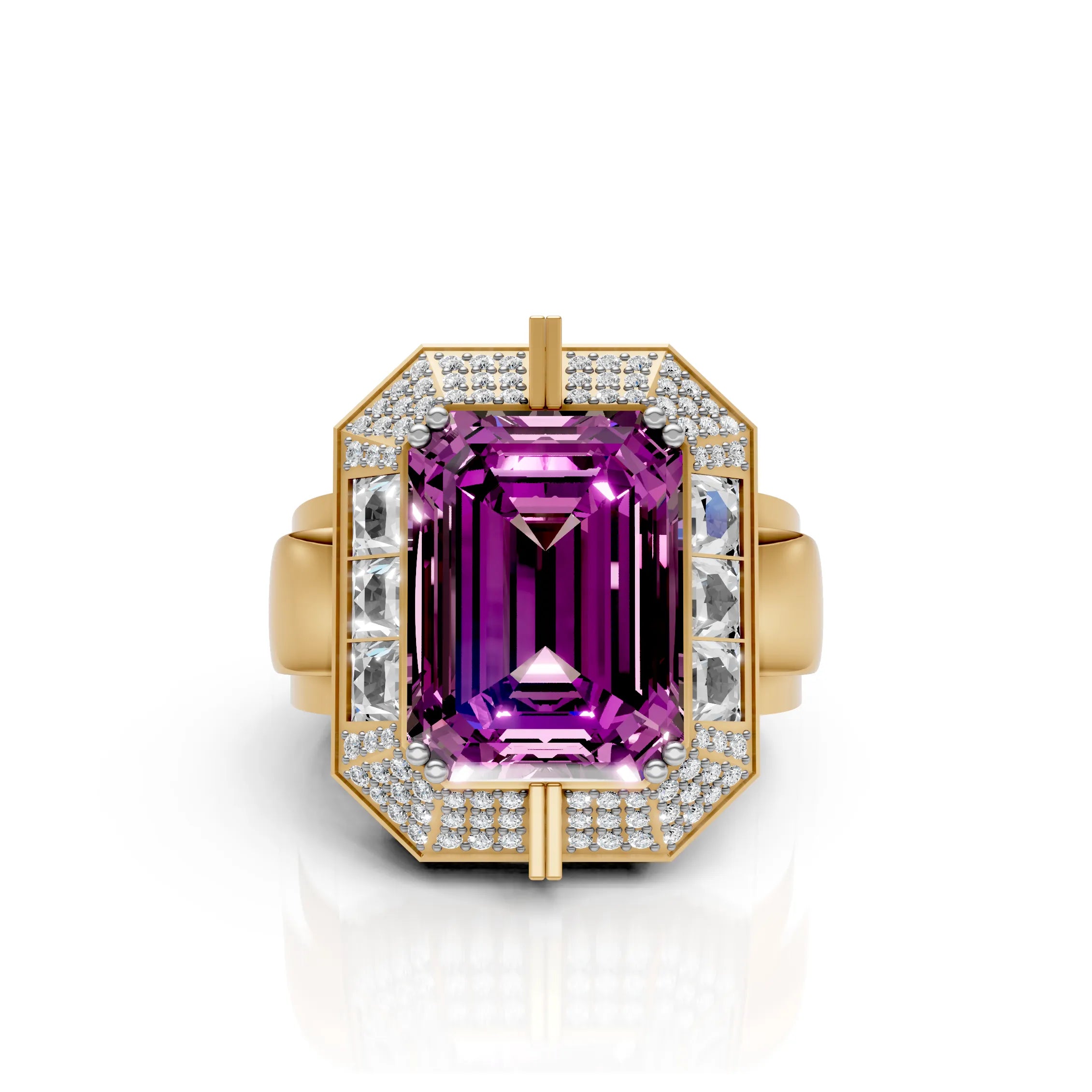 Regal Emerald-Cut Purple Stone Halo Ring