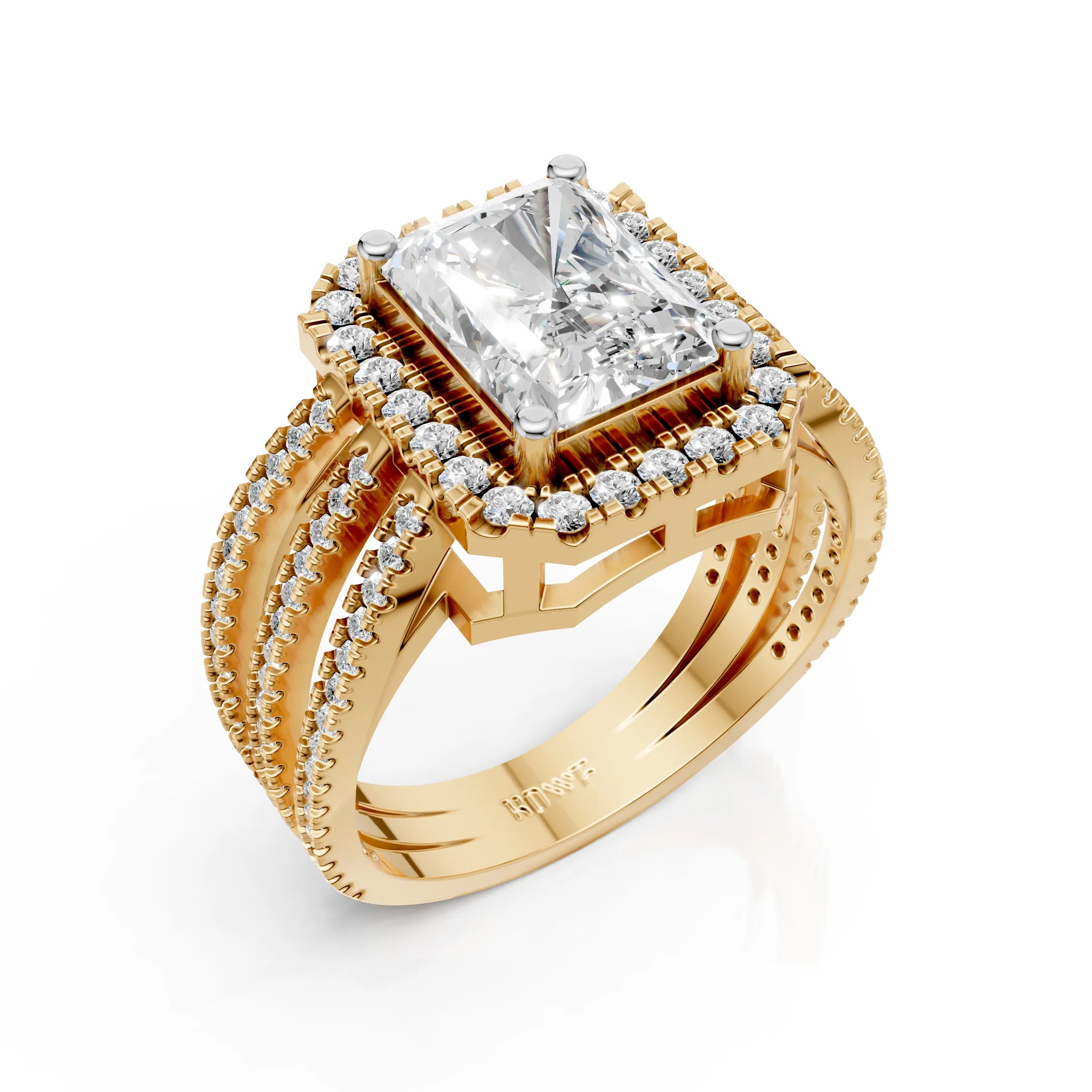 Radiant-Cut Halo Ring with Triple Band Design