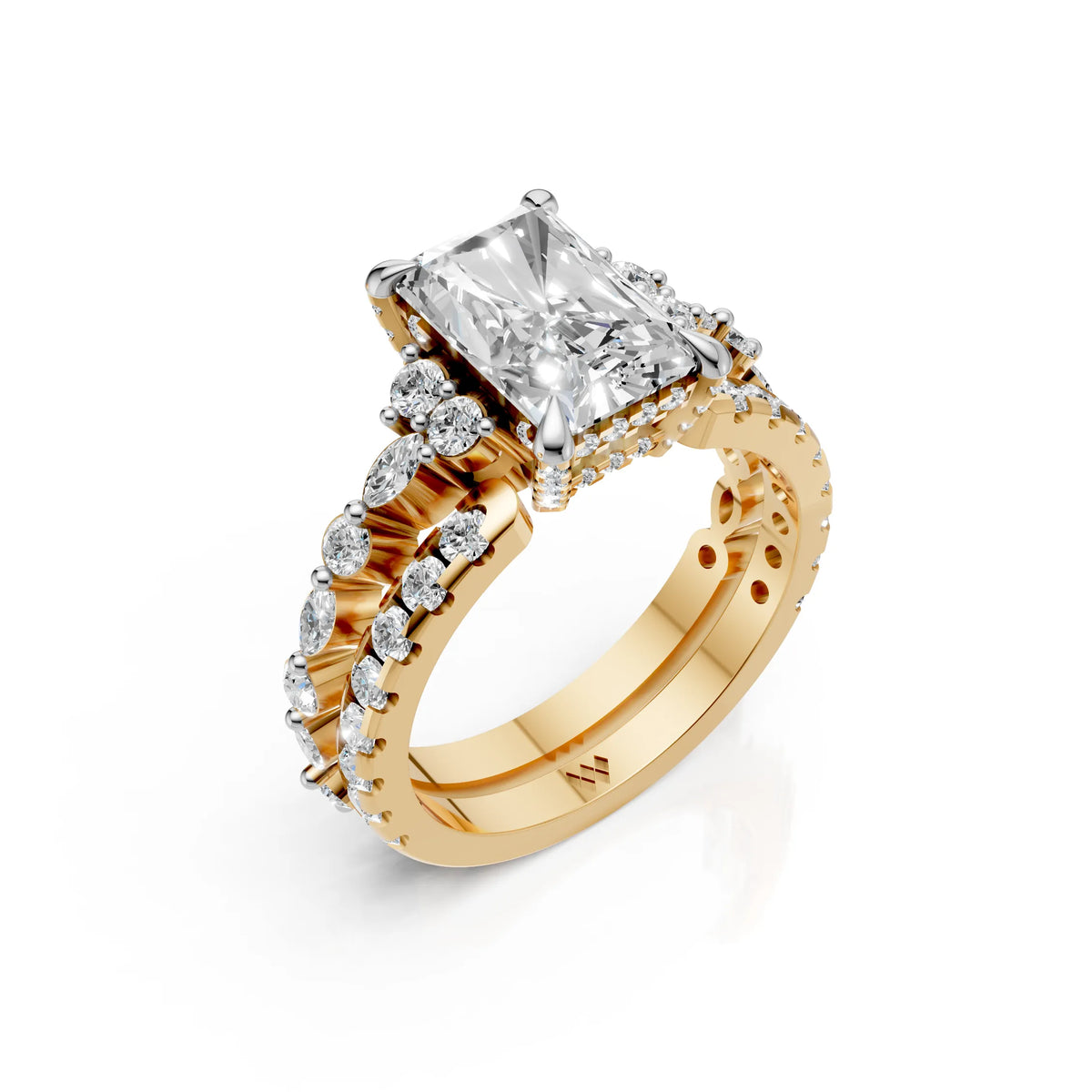 Radiant Cut Diamond Bridal Ring Set with Double Diamond Bands