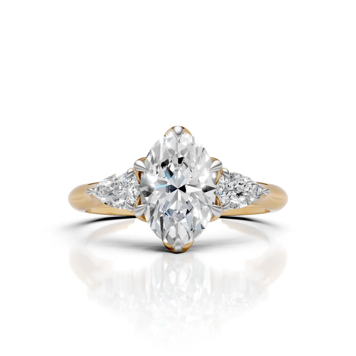 Oval Cut Diamond Three Stone Engagement Ring with Pear Side Diamonds