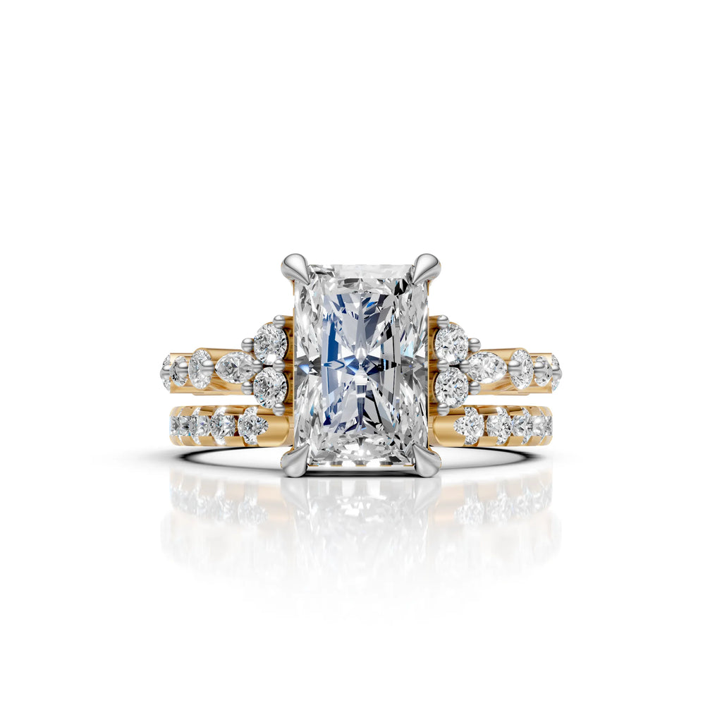 Radiant Cut Diamond Bridal Ring Set with Double Diamond Bands
