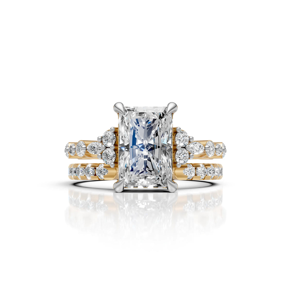 Radiant Cut Diamond Bridal Ring Set with Double Diamond Bands