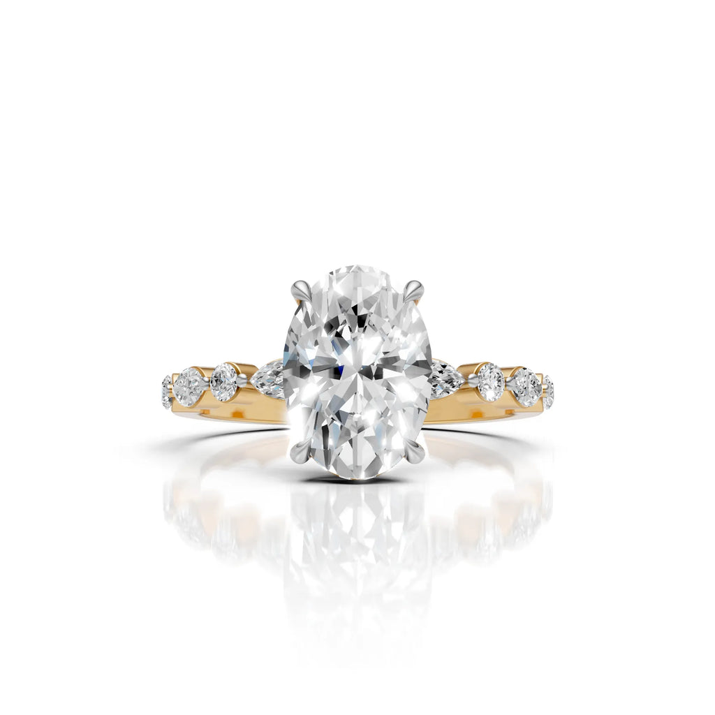 Elegant Oval Cut Moissanite Ring with Marquise &amp; Round Side Stones
