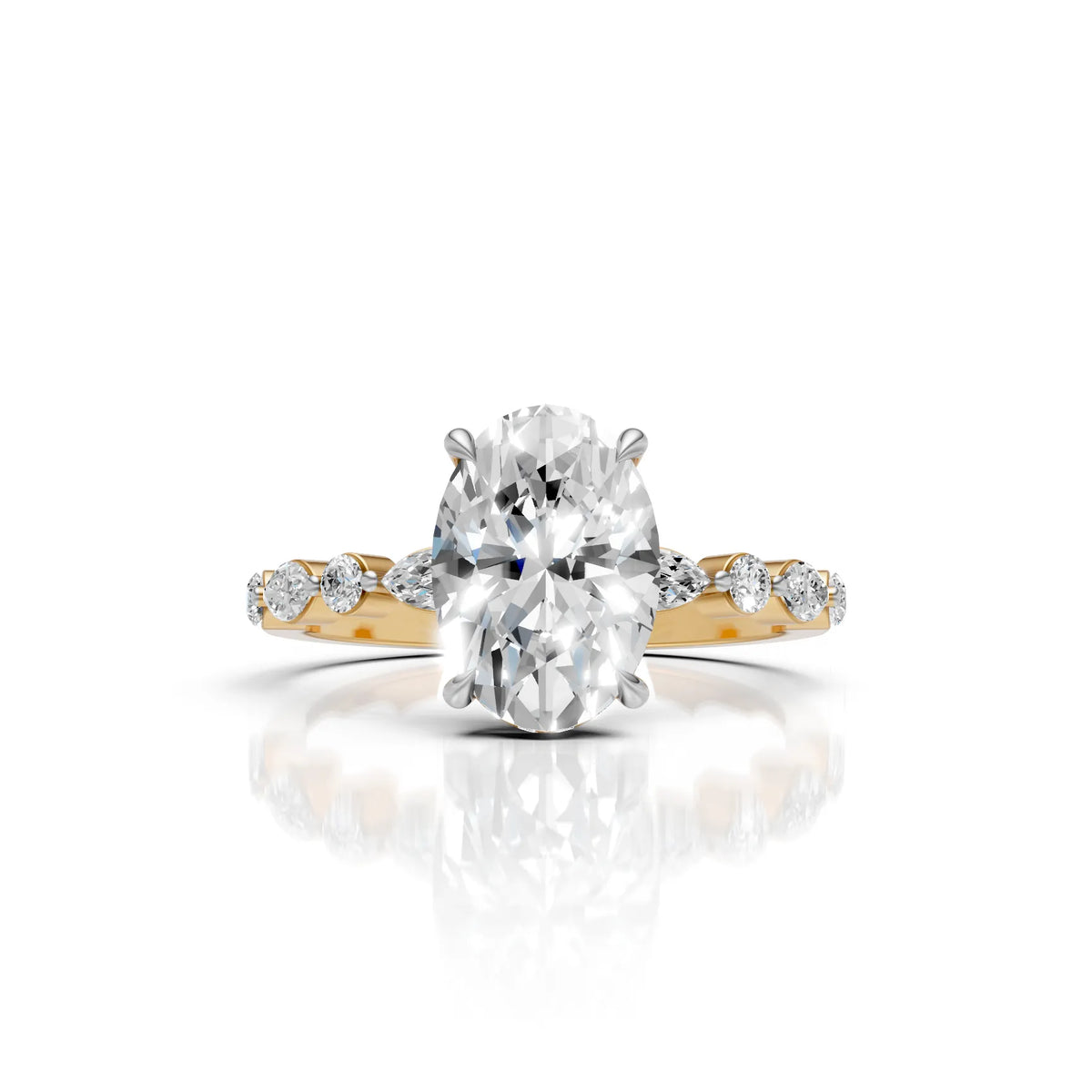 Elegant Oval Cut Moissanite Ring with Marquise &amp; Round Side Stones