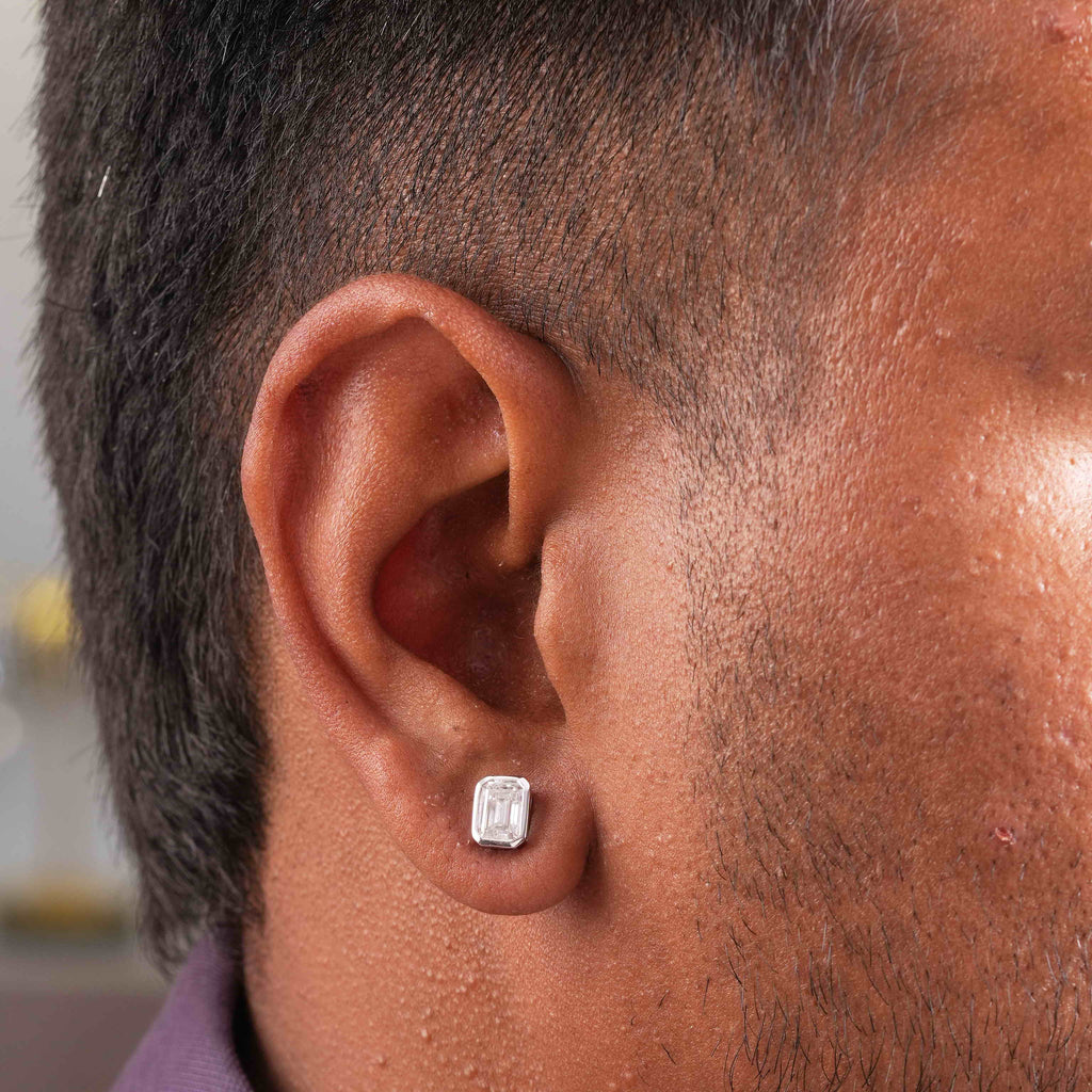 925 Sterling Silver Emerald Shaped Moissanite Diamond Bezel Setting Earring ( 1 PC )