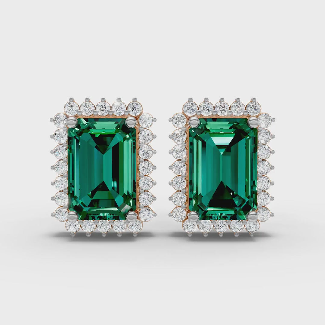 Emerald Cut Green Halo Earring  (1 Pair)