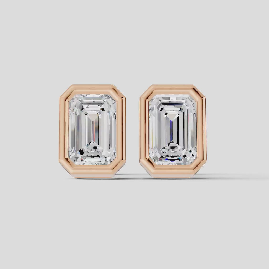 925 Sterling Silver Emerald Shaped Moissanite Diamond Bezel Setting Earring ( 1 Pair )