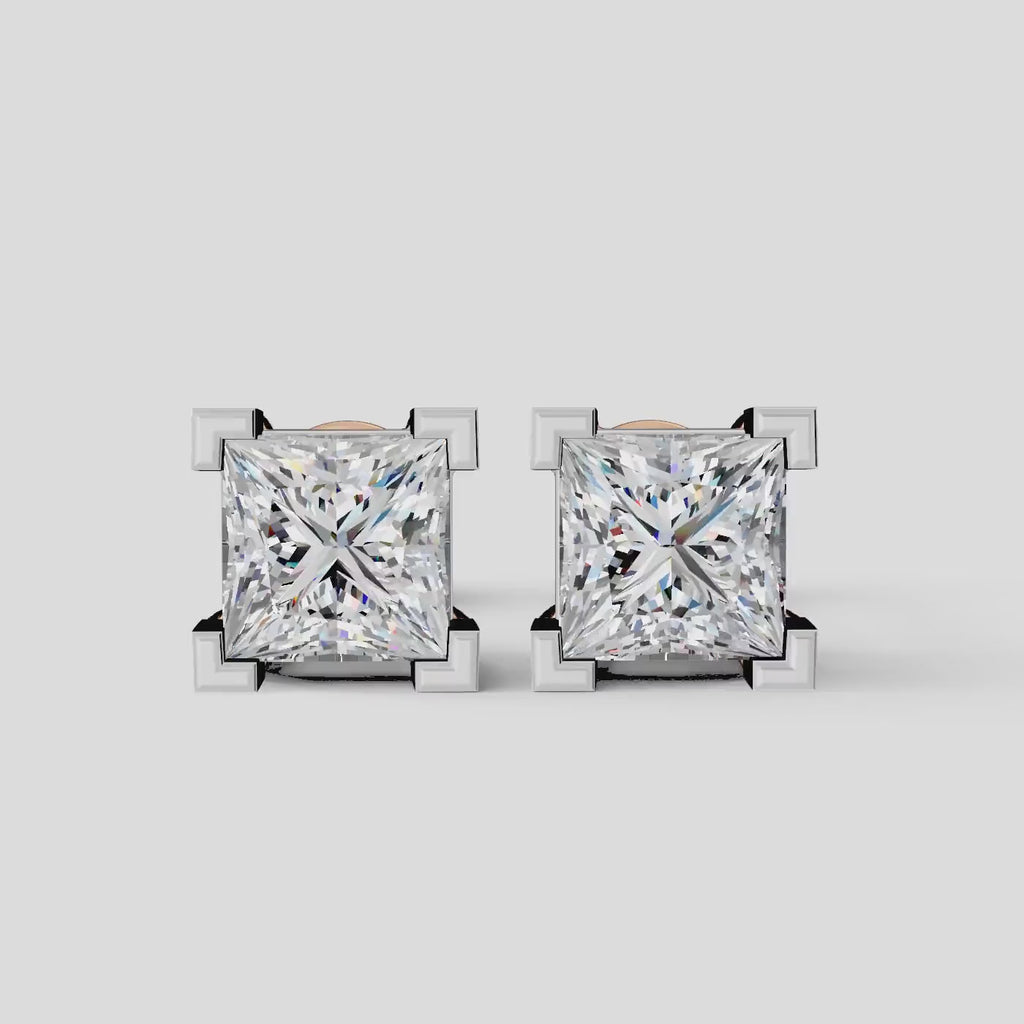 925 Sterling Silver Princess Shaped Moissanite Diamond Square Prong Setting Earring ( 1 Pair )