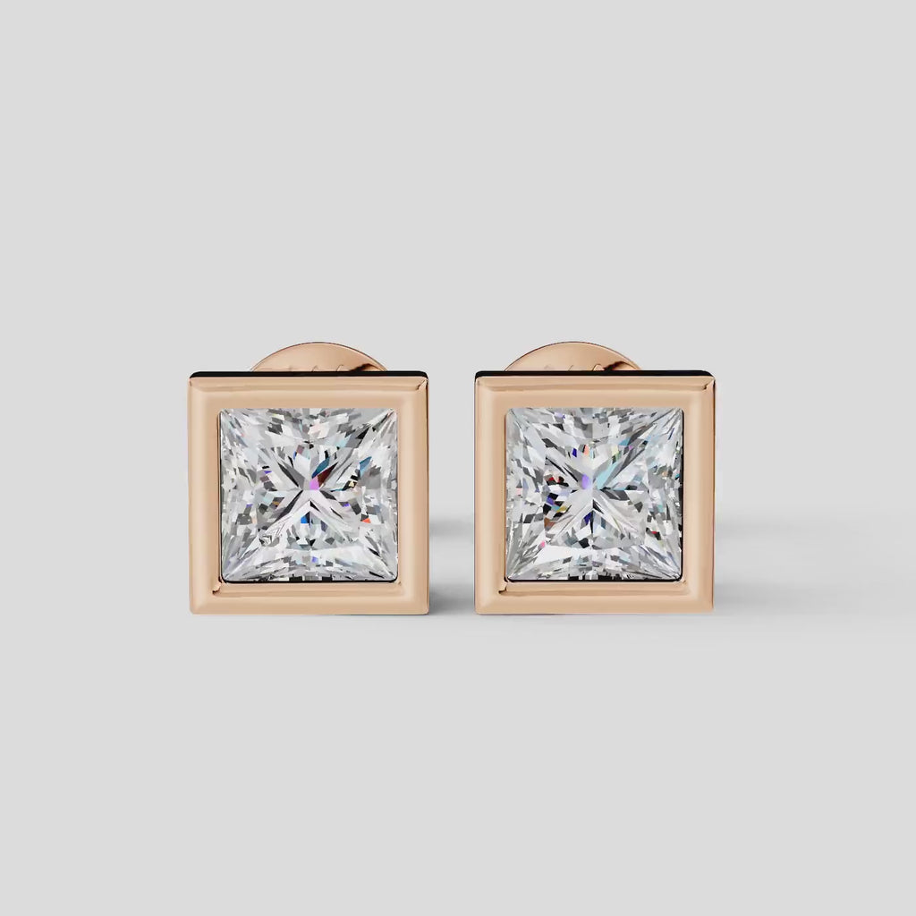 Princess Shaped Bezel Setting Earring ( 1 Pair )
