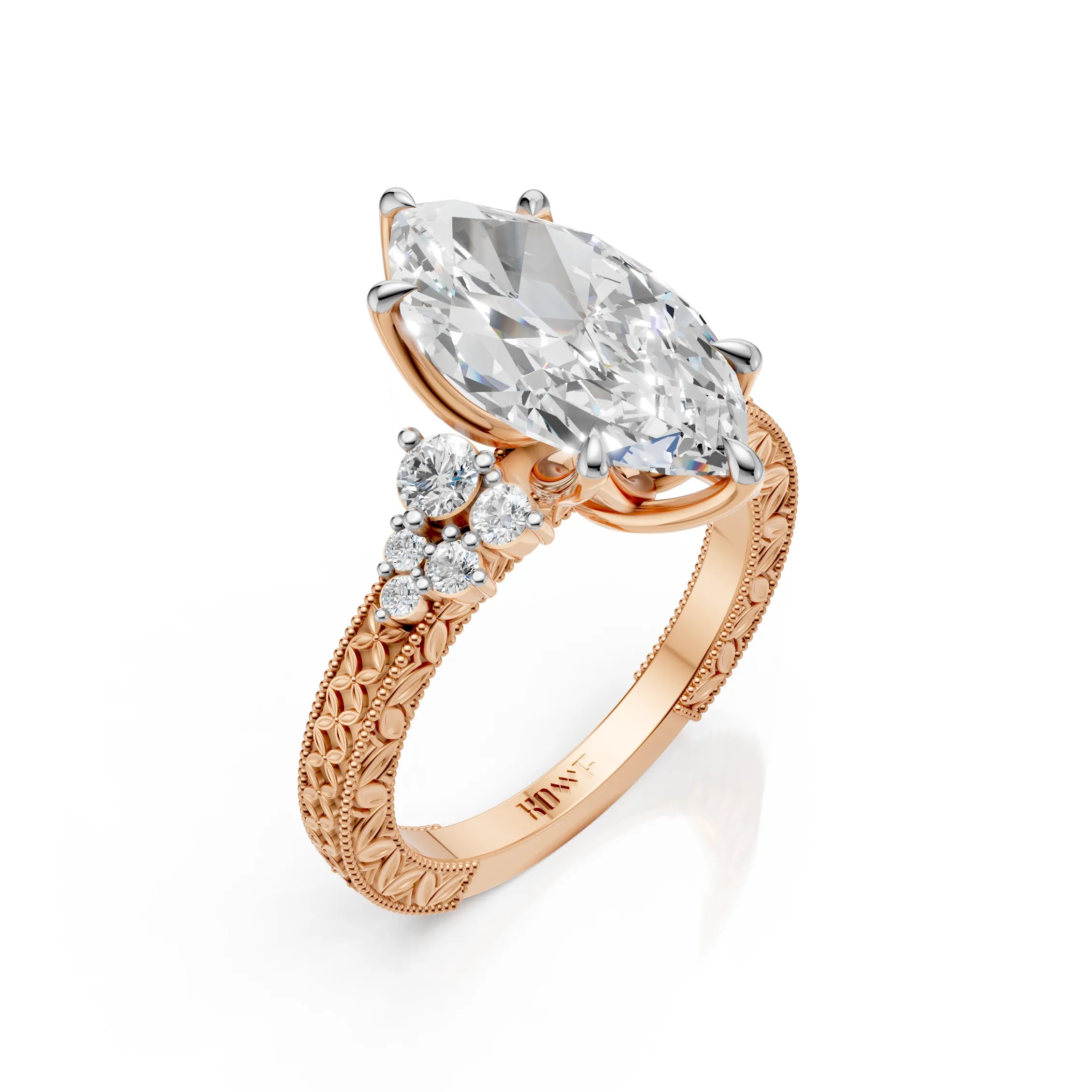 Marquise Solitaire Diamond Ring with Milgrain Band