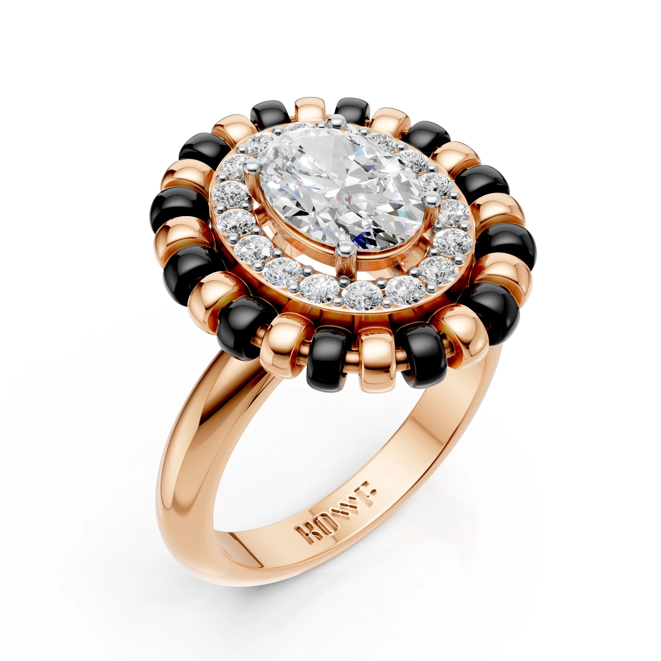 Oval Halo Diamond Ring with Black Enamel