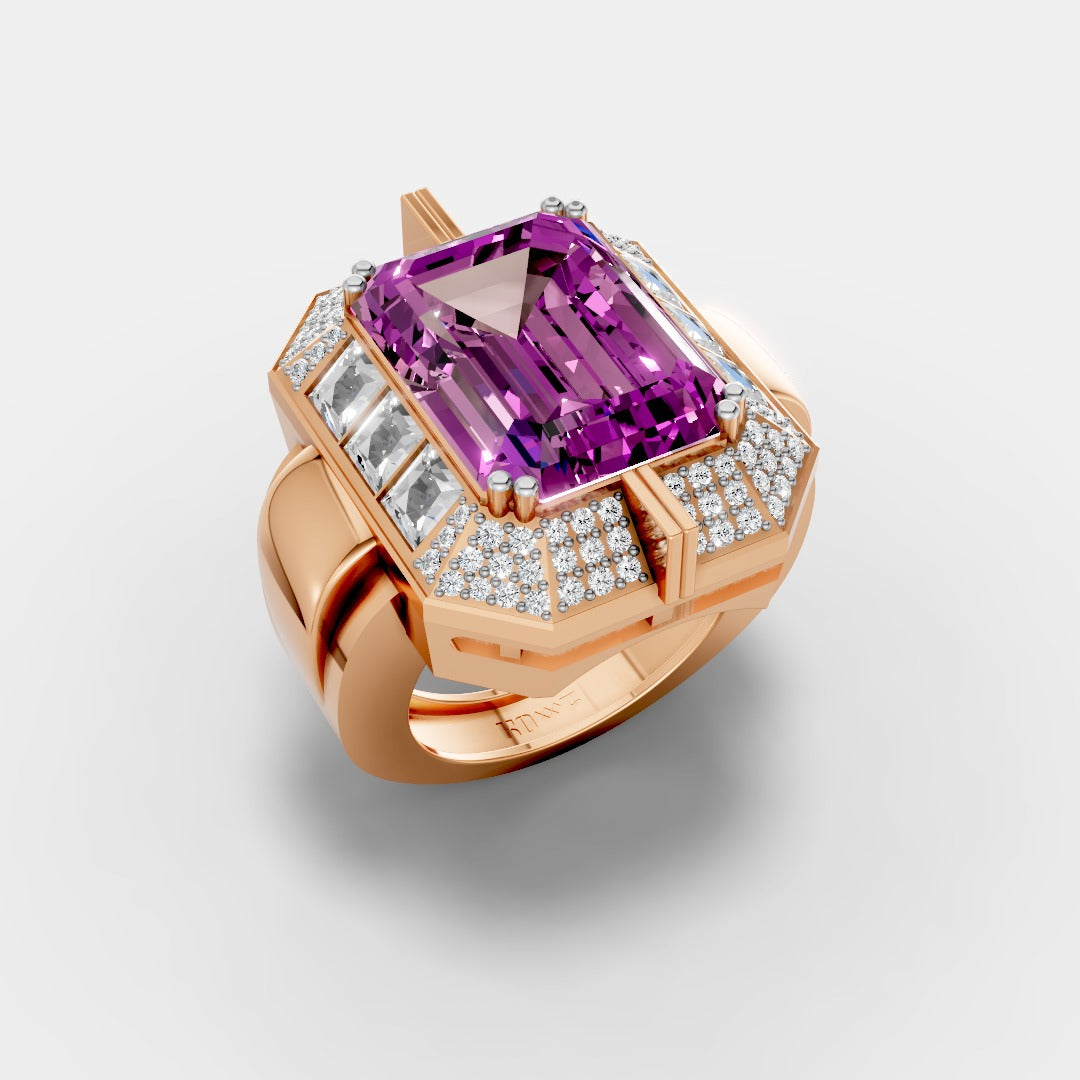 Regal Emerald-Cut Purple Stone Halo Ring