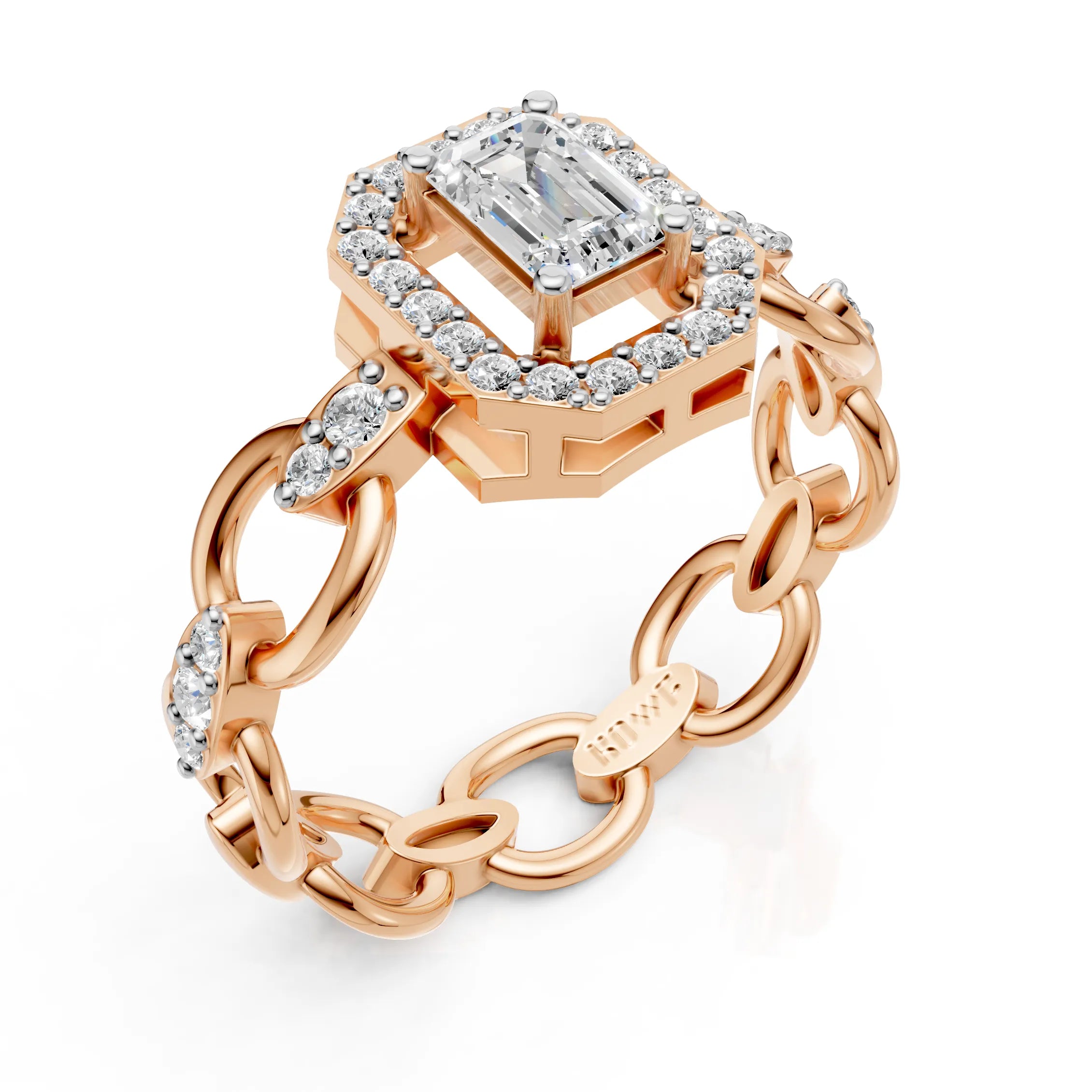Luxury Emerald Cut Halo Diamond Chain Ring