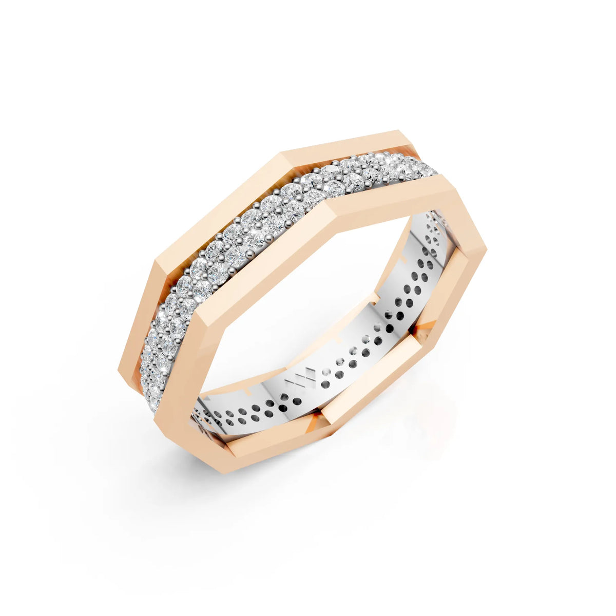 Solid Gold And 925 Sterling Silver Gold Moissanite Diamond Hexagon Shape Double Band Ring
