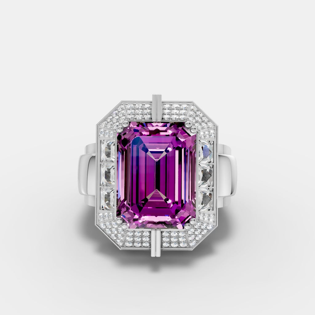 Regal Emerald-Cut Purple Stone Halo Ring