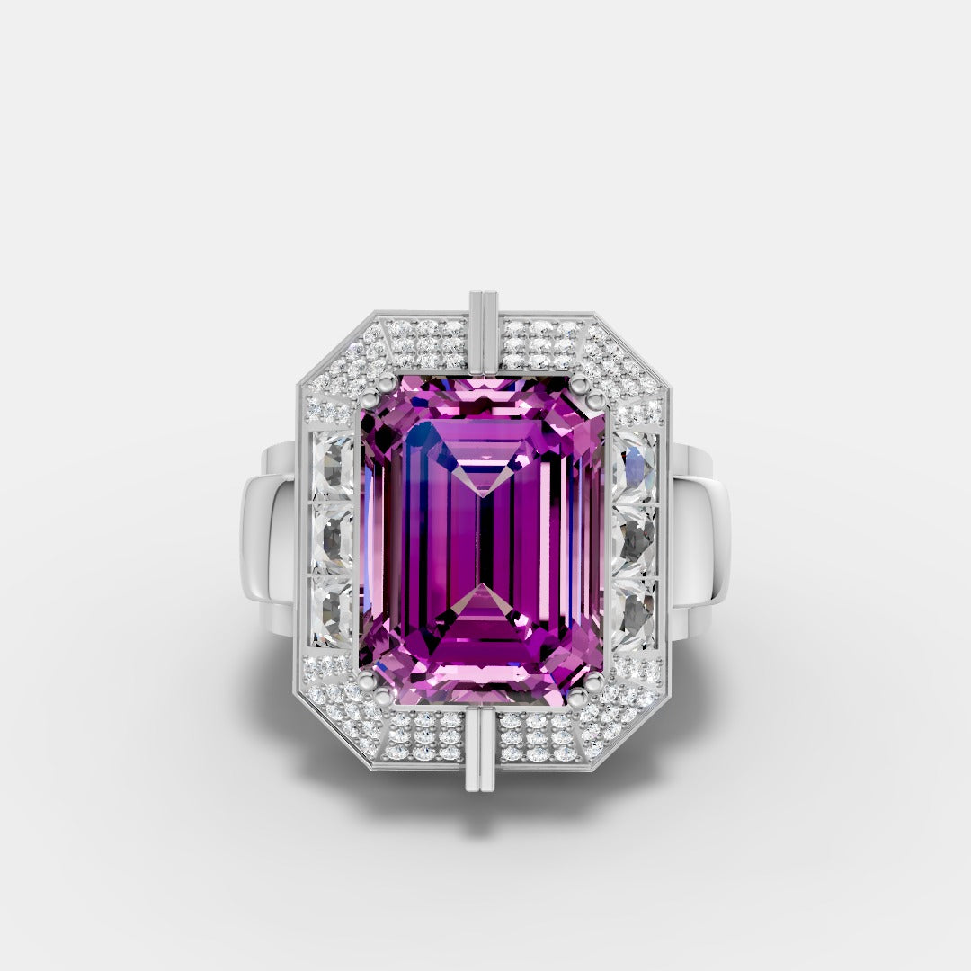 Regal Emerald-Cut Purple Stone Halo Ring