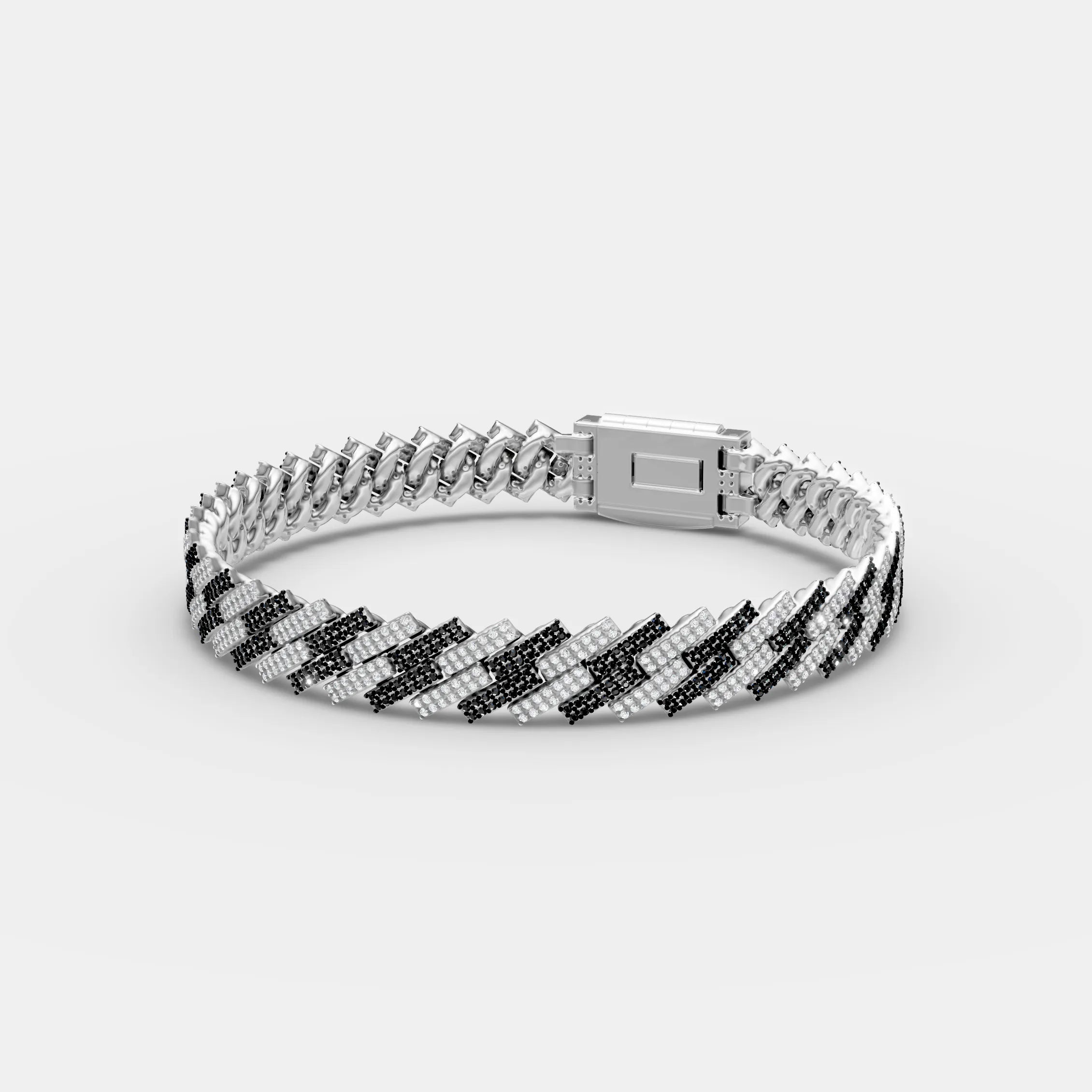 10MM Iced Black & White Cuban Bracelet in 925 Silver with Moissanite Diamond