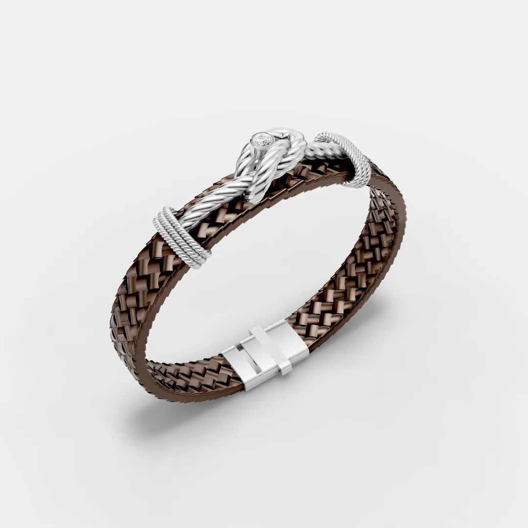 925 Sterling Silver Moissanite Diamond Knot Leather Bracelet