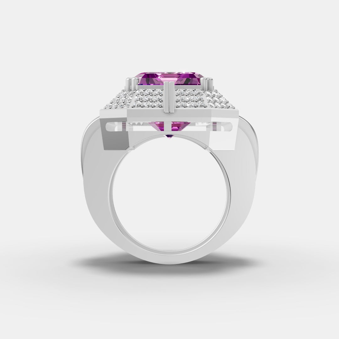 Regal Emerald-Cut Purple Stone Halo Ring