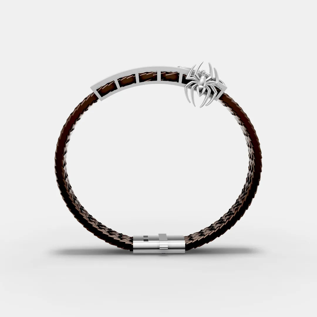 925 Sterling Silver Spider Leather Belt with Hanging Spider Charm