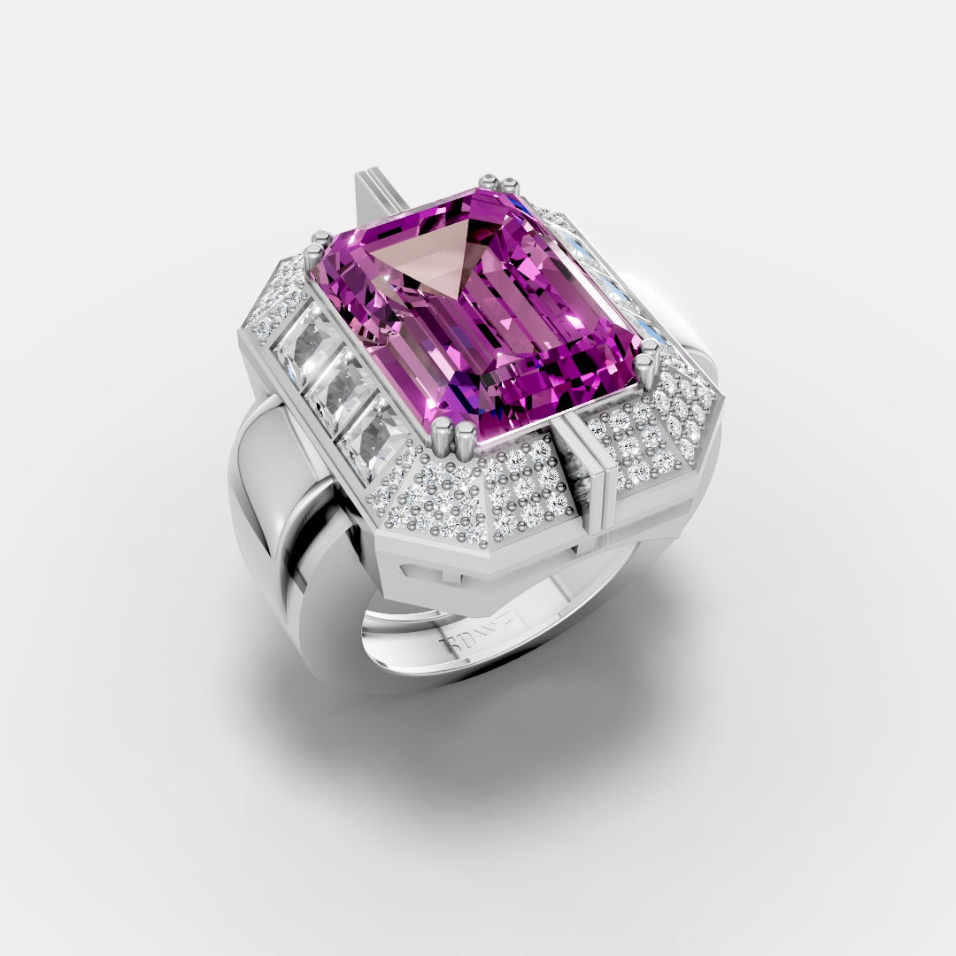 Regal Emerald-Cut Purple Stone Halo Ring