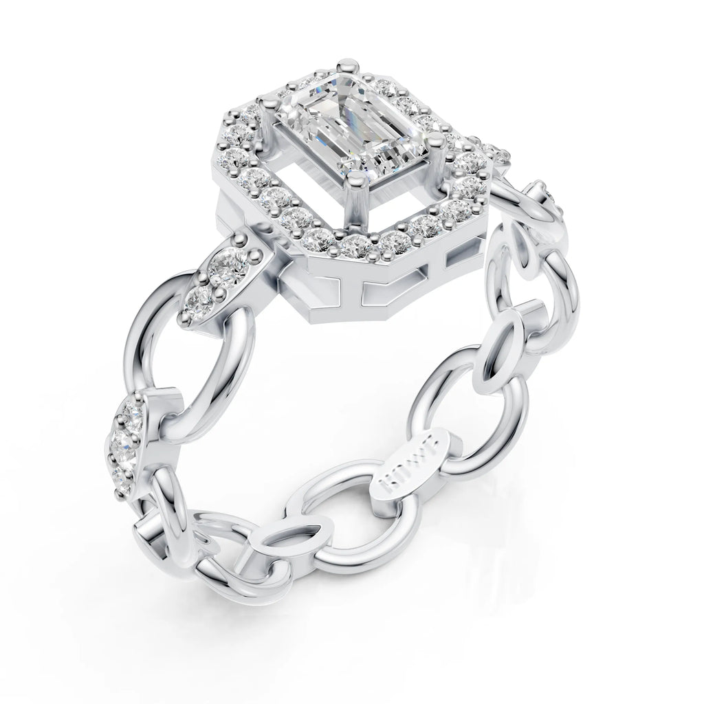 Luxury Emerald Cut Halo Diamond Chain Ring