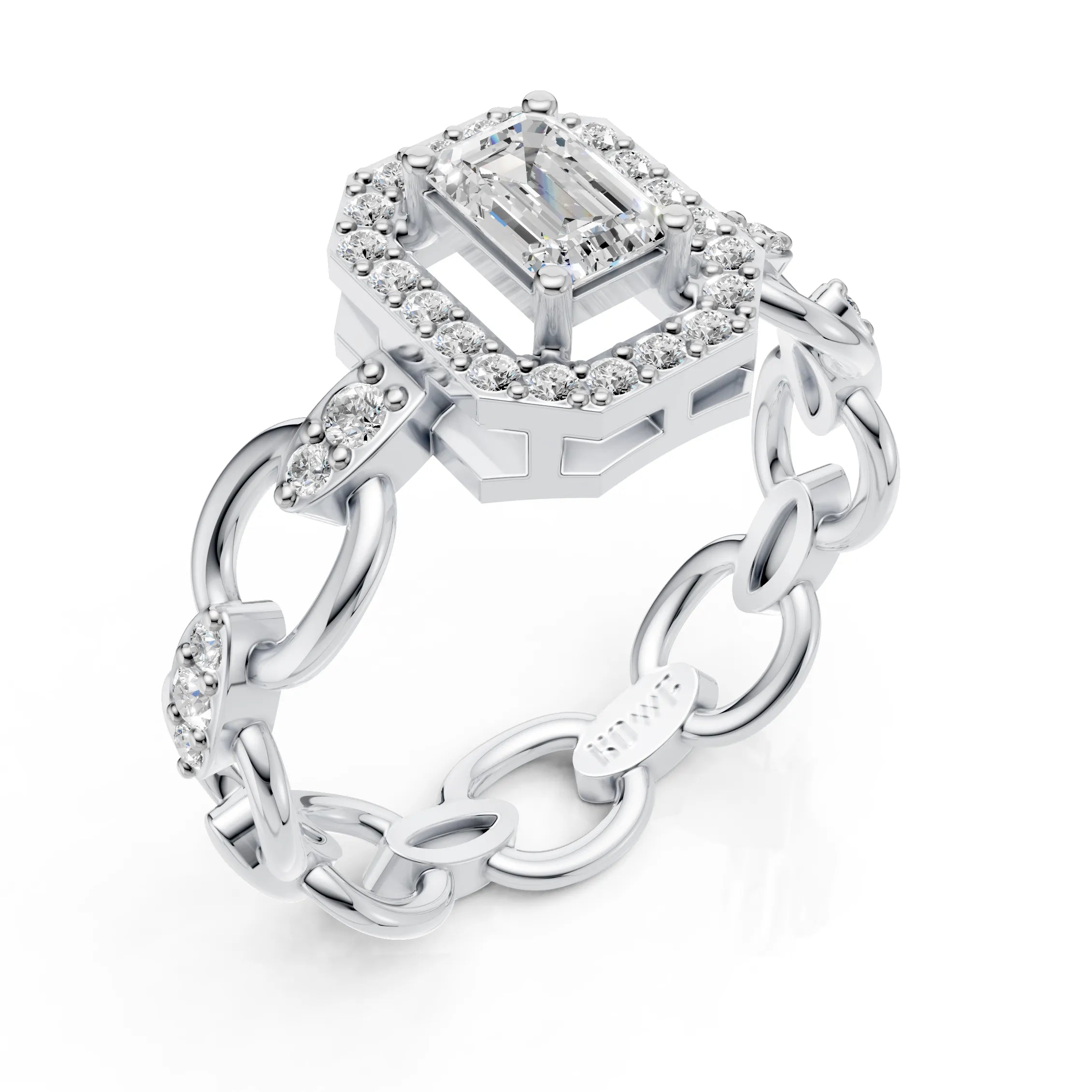 Luxury Emerald Cut Halo Diamond Chain Ring