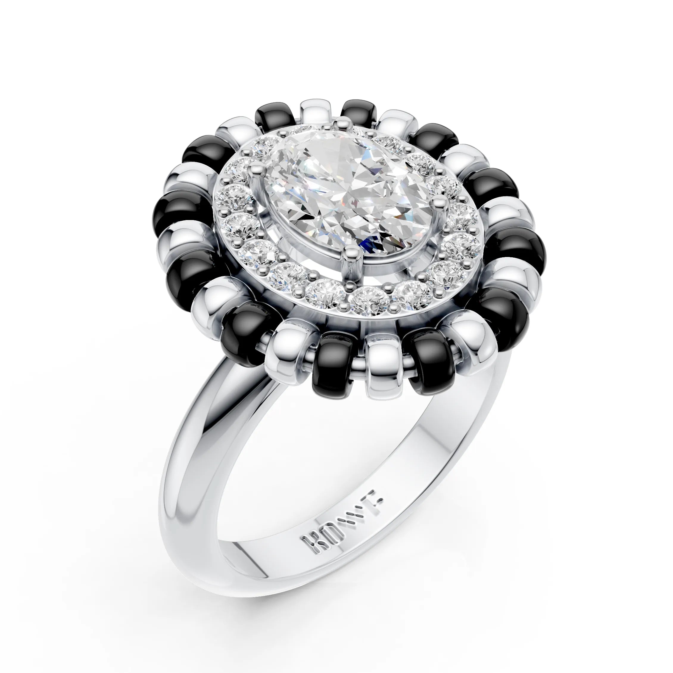 Oval Halo Diamond Ring with Black Enamel