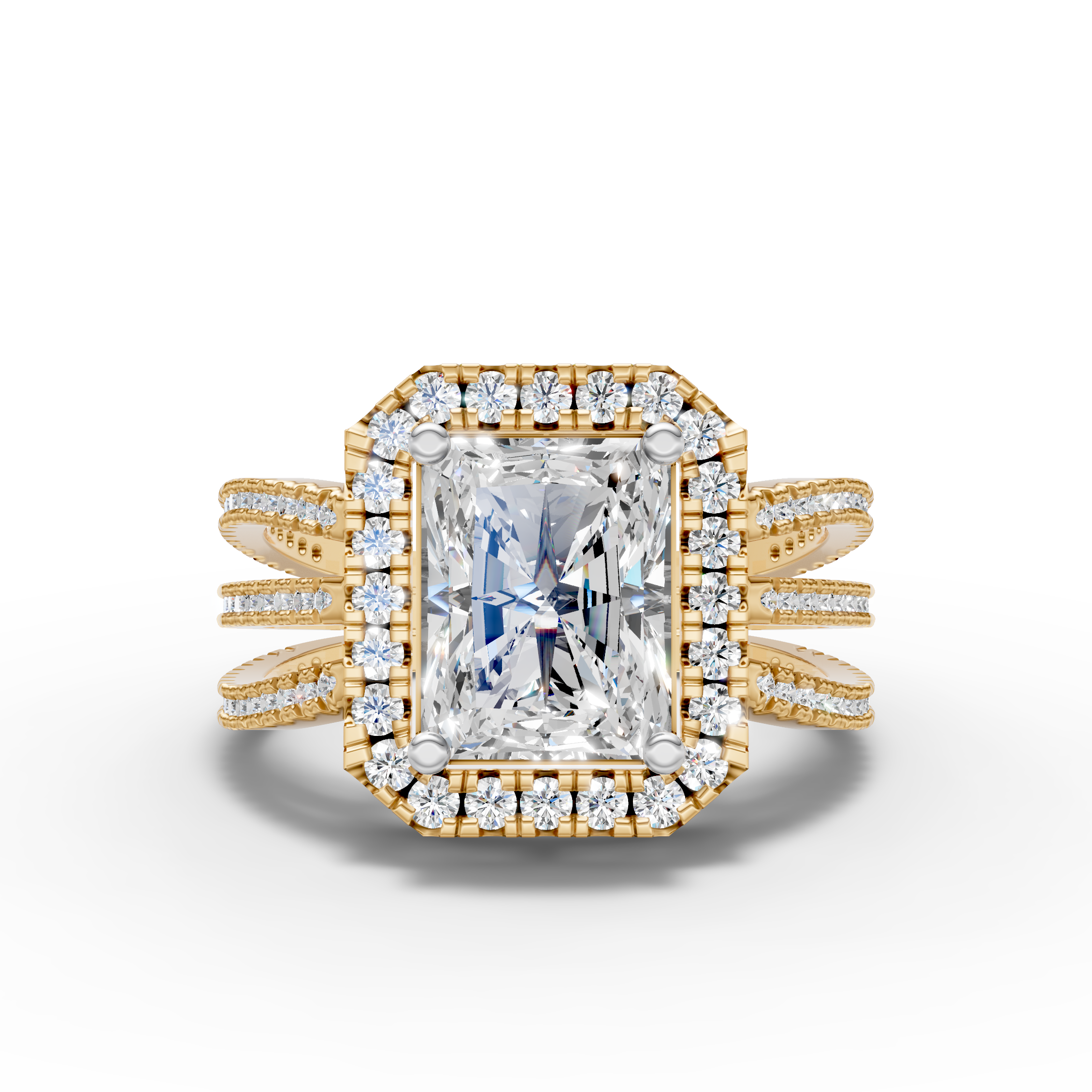 Radiant-Cut Halo Ring with Triple Band Design