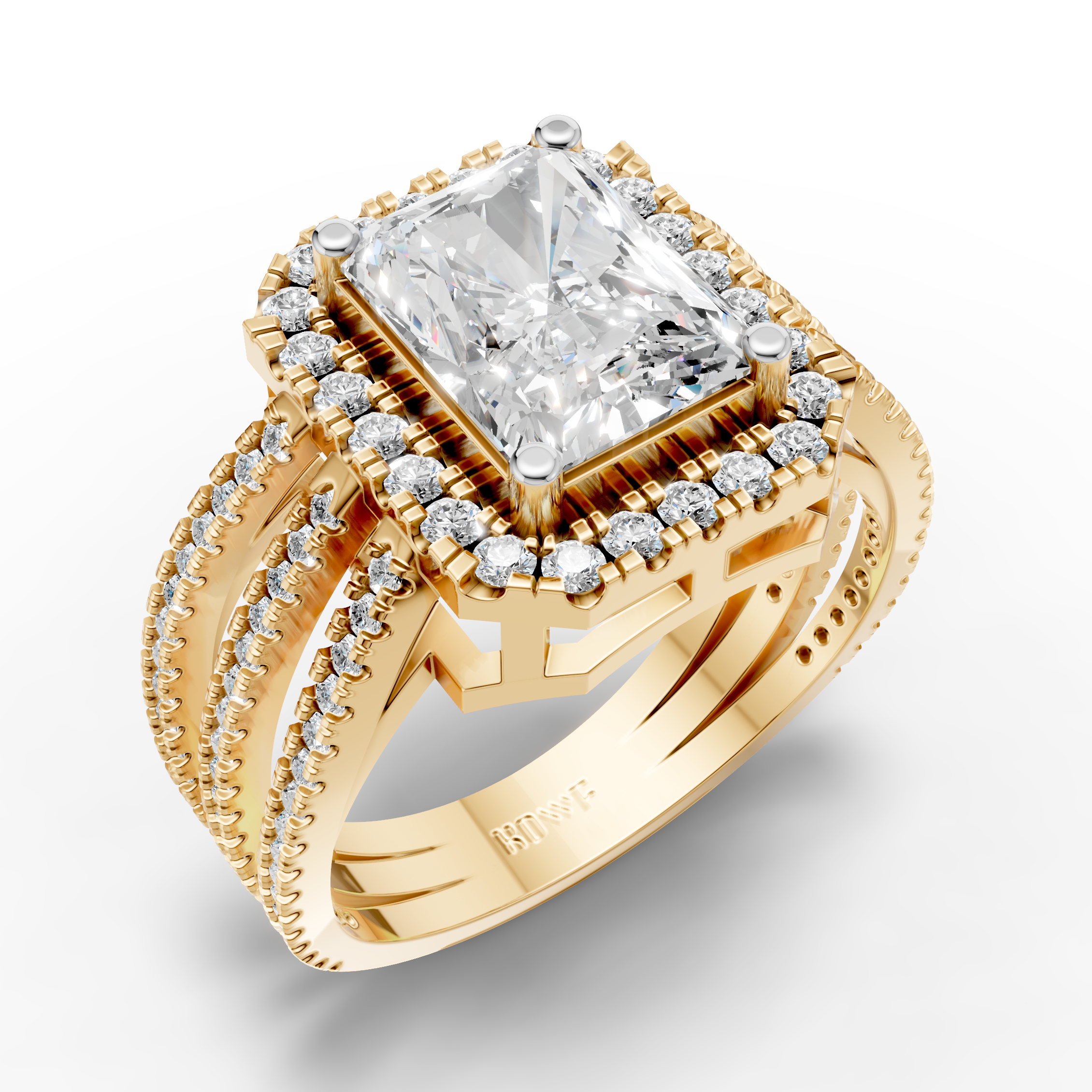 Radiant-Cut Halo Ring with Triple Band Design