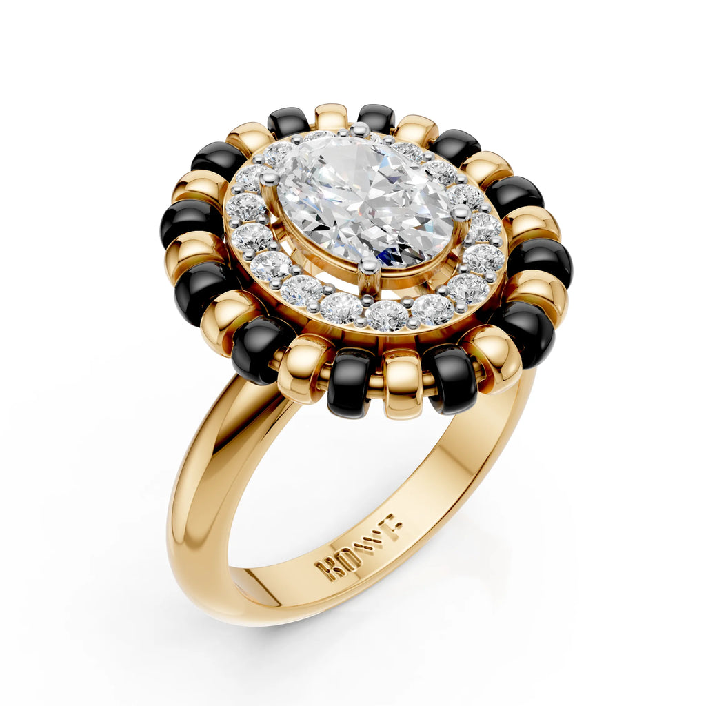 Oval Halo Diamond Ring with Black Enamel